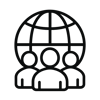 black and white globe outline icon with three people figures